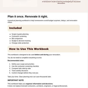 以下が含まれることがあります： 「THE ULTIMATE RENOVATION TOOLKIT」と題された白いワークブック。改修の計画と予算編成に関するテキストが記載されています。ワークブックには、範囲計画、請負業者スクリーニング、予算追跡に関するセクションが含まれています。「ART RenoPilot」のロゴも表示されています。