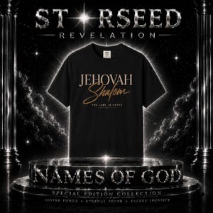 Puede incluir: Camiseta negra con las palabras "JEHOVAH Shalom" en una fuente estilizada. La camiseta también presenta el texto "THE LORD IS PEACE" y forma parte de la colección de edición especial "NAMES OF GOD". El diseño incluye las palabras "STARSEED REVELATION".
