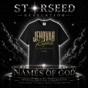 May include: Black t-shirt with the text "JEHOVAH Rapha" in a distressed font. The shirt also includes the phrase "THE LORD WHO HEALS" and the words "NAMES OF GOD" at the bottom. The shirt is part of the "SPECIAL EDITION COLLECTION".