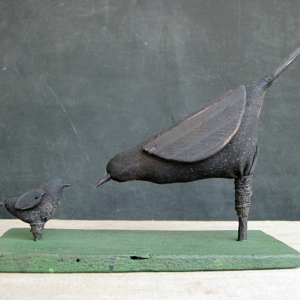 Handmade Mother Black Bird and Baby Chick Folk Art with Carved Wood Accents on Rustic Green Wood Base, "Time To Fly"