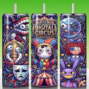 Puede incluir: Un vaso cilíndrico con un estampado gráfico vibrante y multicolor inspirado en The Amazing Digital Circus. El diseño incluye varios personajes de dibujos animados, una carpa de circo y el texto The Amazing Digital Circus sobre un fondo oscuro.