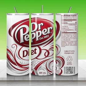 May include: A white and red Diet Dr Pepper tumbler with a silver straw. The tumbler features the Dr Pepper logo and the words "Diet" and "Est. 1885". The nutrition facts are also visible on the tumbler.