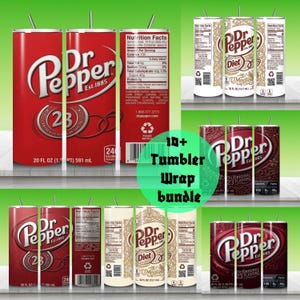 Può includere: Una collezione di involucri per bicchieri a tema Dr Pepper. Gli involucri presentano il logo Dr Pepper, informazioni nutrizionali e il testo "23 Original Flavors". I bicchieri sono rossi e bianchi, alcuni con una versione "Diet".