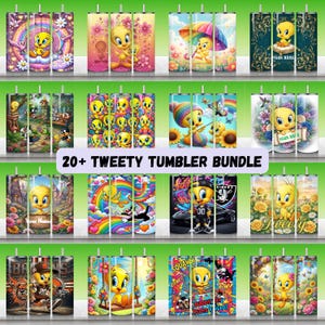 Puede incluir: Una colección de vasos coloridos con diseños de Piolín. Los vasos muestran varias escenas con Piolín, arcoíris, flores y texto. El texto "20+ TWEETY TUMBLER BUNDLE" es visible.