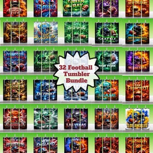 Pode incluir: Uma coleção de 32 canecas de futebol, cada uma com o logotipo e as cores de uma equipa. As canecas estão dispostas em prateleiras, com nomes de equipas como Kansas City, Green Bay e Nova Iorque. O texto "32 Football Tumbler Bundle" também é visível.