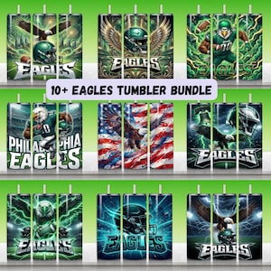 May include: A collection of ten or more Eagles-themed tumblers. Each tumbler features vibrant graphics of eagles, football helmets, and the team's logo. The designs incorporate green, black, and white colors, with some featuring the American flag. Text includes "EAGLES" and "PHILADELPHIA EAGLES".