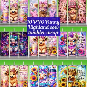 Pode incluir: Uma coleção de dez embalagens de copos de aço inoxidável com desenhos de vacas Highland de desenhos animados. Os copos têm fundos coloridos com textos como "Stay Casy", "Hot Mess Express" e "Cute Disaster".