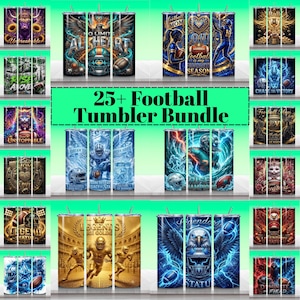 Pode incluir: Uma coleção digital de mais de 25 designs de copos com tema de futebol americano, apresentando várias ilustrações gráficas, incluindo jogadores, águias, gatos e capacetes com textos como "Unbreakable", "All Heart" e "Rise Above" em cores vibrantes.