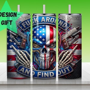 American Skull Flag 20oz Skinny Tumbler Wrap PNG, F Around & Find Out Patriotic Design, 2nd Amendment Skull, Sublimation Seamless Wrap