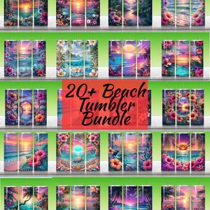 May include: A collection of twenty cylindrical tumblers featuring vibrant tropical beach scenes with sunsets, palm trees, ocean waves, and colourful hibiscus flowers. The text 20+ Beach Tumbler Bundle is overlaid in the centre of the image.