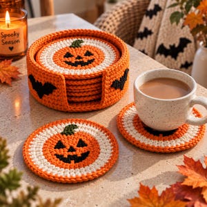 May include: A set of round, crocheted drink coasters featuring a jack-o'-lantern design with orange, white, and black yarn. The coasters are stored in a matching orange crocheted holder decorated with black bat silhouettes on the exterior sides.
