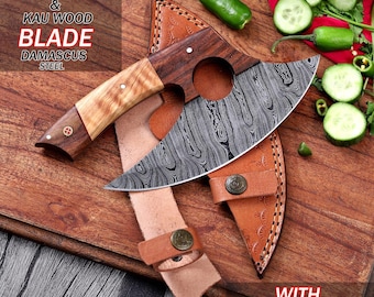 Damascus Steel Pizza Rocker Knife – Rosewood Handle, Leather Sheath (7.25" Blade)