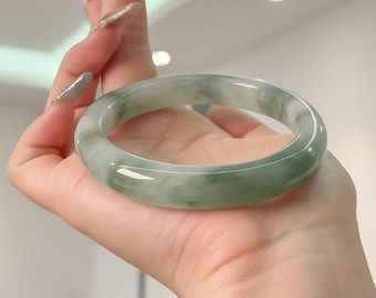 Natural Ice Jadeite Bangle, Green Pattern Gemstone Bracelet, Jade Jewelry for Women
