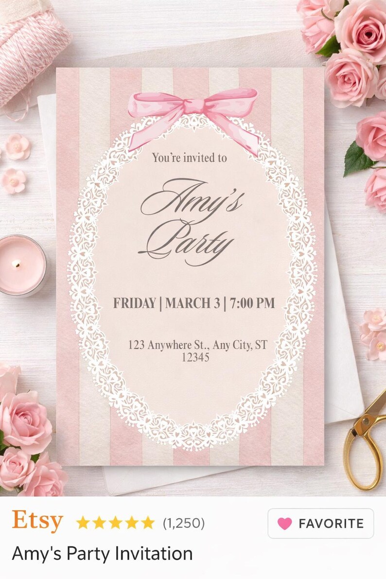 Printable Invi Editable Pink Bow Party Invitation Template | Elegant Lace Birthday ...