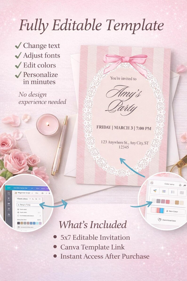 Printable Invi Editable Pink Bow Party Invitation Template | Elegant Lace Birthday ...