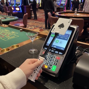 Puede incluir: Una escena de casino con un terminal de pago, una copa de martini y una carta de juego. El As de Picas se muestra en el terminal. Una mano sostiene un dispositivo de pago blanco y negro estilo dominó. Máquinas tragamonedas y mesas de casino en el fondo.