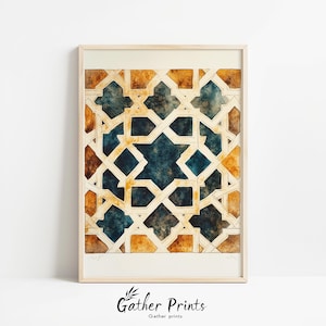 May include: Framed watercolor print featuring a geometric pattern in shades of teal, brown, and cream. The design is reminiscent of Islamic art, with interlocking shapes and a symmetrical layout. The print is in a light wood frame, with the text "Gather Prints" at the bottom.
