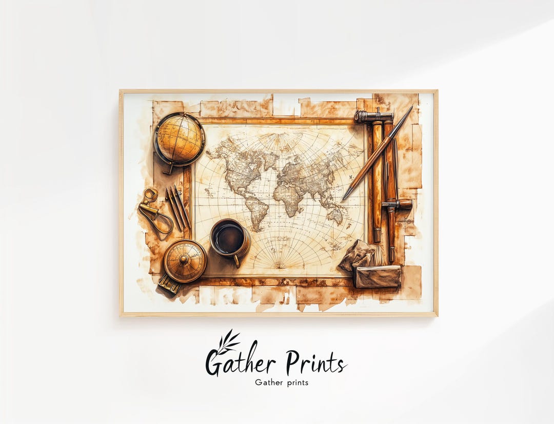 Vintage World Map Print – Nautical Compass, Antique Travel Decor ...
