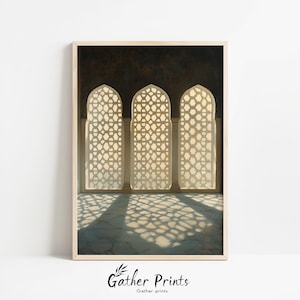 May include: A vertical art print featuring three arched windows with intricate geometric lattice screens. Light streams through the patterns, casting detailed shadows onto the stone floor below. The scene is framed in a light wood border.