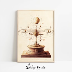 May include: A framed print of a vintage scientific illustration of a celestial model. The artwork features a detailed depiction of a planetary system with spheres and circular orbits, rendered in sepia tones. The print is labeled "Gather Prints" at the bottom.