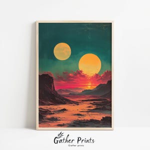 Paisaje de soles gemelos alienígenas, pintura surrealista de atardecer de ciencia ficción (descarga digital)