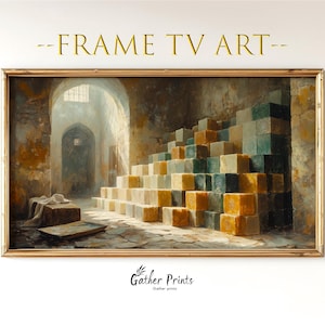 May include: A rectangular gold-toned frame containing digital art titled FRAME TV ART. The artwork depicts a stone interior with a large, stepped pyramid structure made of stacked yellow, green, and grey cubes illuminated by light from an archway.