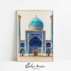 May include: A vertical art print featuring an architectural illustration of a mosque with a large, central turquoise dome and two tall, slender minarets. The structure is decorated with intricate blue and gold tile patterns and a central archway.