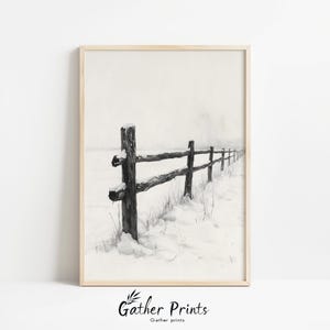 Rustic Fence Post Charcoal Sketch – Moody Winter Landscape (Digital Download)