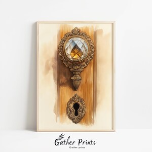 Minimalist Antique Brass Doorknob Illustration with Crystal Elements (Digital Download)