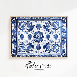 Vintage Portuguese Azulejo Tile Pattern, Blue White Botanical Printable Wall Art (Digital Download) 1362