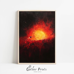 May include: An abstract art print featuring a fiery, celestial scene. A bright yellow sun dominates the center, surrounded by red and black hues. A small, dark silhouette of a spacecraft streaks across the canvas, adding a sense of movement. The print is framed in a light wood.