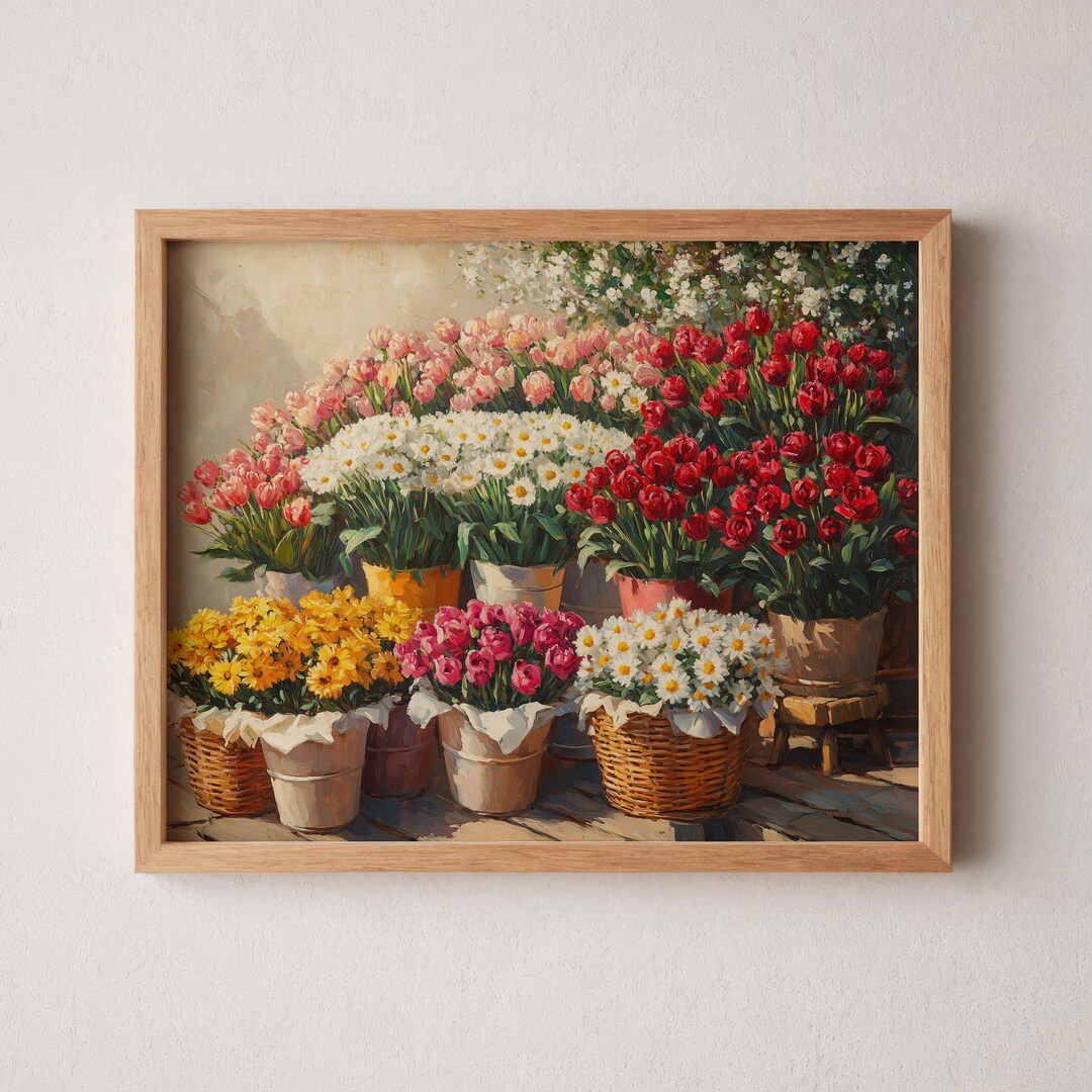 Rustic Spring Flower Market Painting - Vintage Cottagecore Wall Art ...