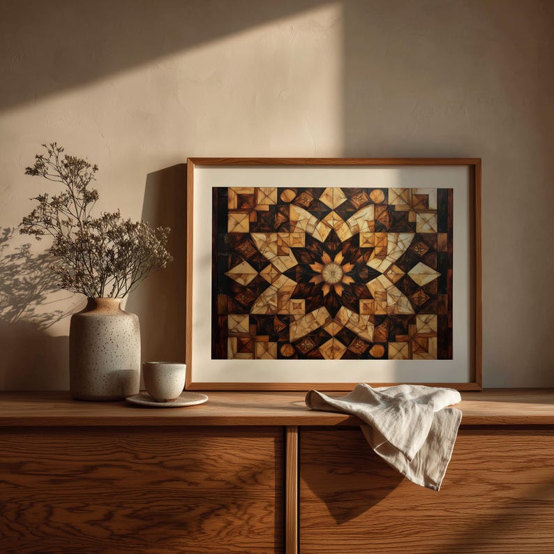 Geometric Mandala Mosaic Print, Warm Wood Tone Printable Wall Art ...