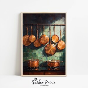 Vintage Copper Pots Kitchen Wall Art, Farmhouse Still Life Print (Digital Download)
