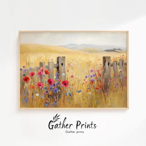 Rustic Wildflower Meadow Landscape - Weathered Fence Posts, Cottagecore Wall Art, Pastoral Summer Scene,