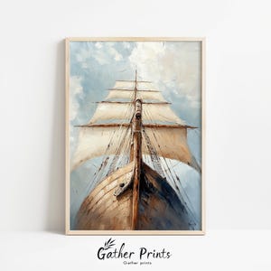May include: A framed painting depicting a tall ship with billowing sails against a cloudy sky. The ship's hull is brown, and the artwork is signed "Gather Prints". The sky is a mix of blue and white, creating a serene nautical scene.