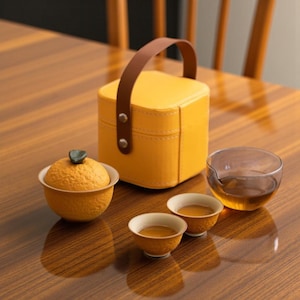 May include: A yellow tea set with a matching carrying case. The set includes a lidded bowl, two small cups, and a clear glass. The carrying case has a brown handle and silver rivets. The tea is amber-coloured.