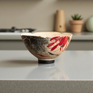 May include: A decorative ceramic bowl with a distinctive design. The bowl has a cream-coloured base with red and black floral patterns. The rim has a wavy edge, and the bowl has a black base. A unique piece for the home.