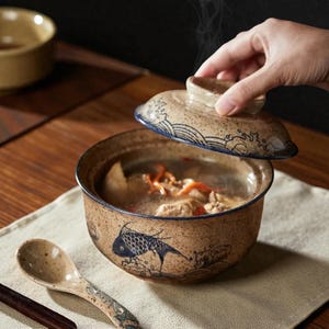 Könnte beinhalten: Keramik-Suppenschüssel mit Deckel, verziert mit einem blau-weißen Fischmuster. Die Schüssel enthält Suppe mit sichtbaren Zutaten. Ein passender Löffel liegt auf einem beigen Tuch. Der Deckel wird angehoben und gibt Dampf frei.