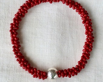 Cranberry red double drops neckalce w hammered sterling silver bead