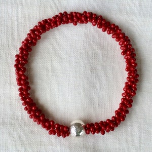 Cranberry red double drops neckalce w hammered sterling silver bead image 1