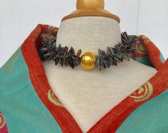 Sea Urchin Collection tortoise shell and 22k vermeil focal bead stretch cord necklace . 16.5 inches . choker