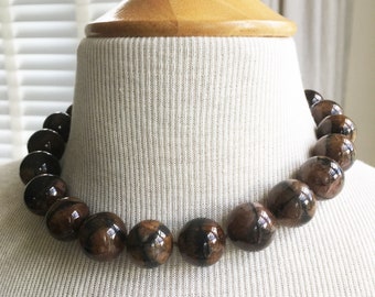 Fabulous Giant orbs of Chocolate Cat's Eye handknotted necklace 15mm . sterling silver toggle clasp. OFK