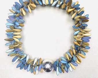 Sea Urchin Collection Gilded Blue with sterling silver focal bead stretch cord necklace . 16.5 inches . choker