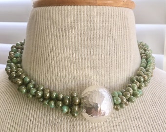 Lovely mossy green double drops necklace w hammered sterling silver focal bead . 16.5 inches