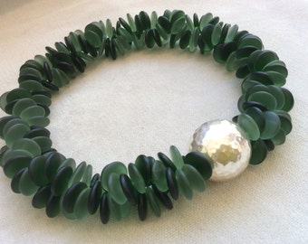 frosty forest green . double disk strands with sterling silver magnetic clasp . statement necklace