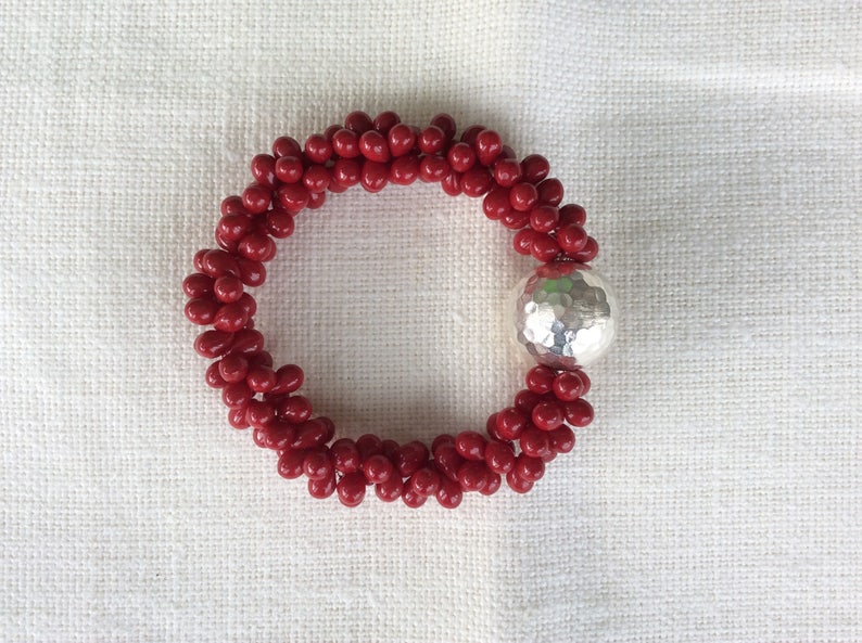 Cranberry red double drops neckalce w hammered sterling silver bead image 3