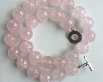 Rose Quartz handknotted necklace 15mm . sterling silver toggle clasp. 17 inches