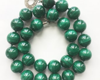 Marvelous Malachite emerald green handknotted necklace 15mm . sterling silver toggle clasp. 17 inches. OFK
