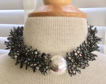 Sea Urchin Collection black peacock and sterling silver focal bead stretch cord necklace . 16.5 inches . choker